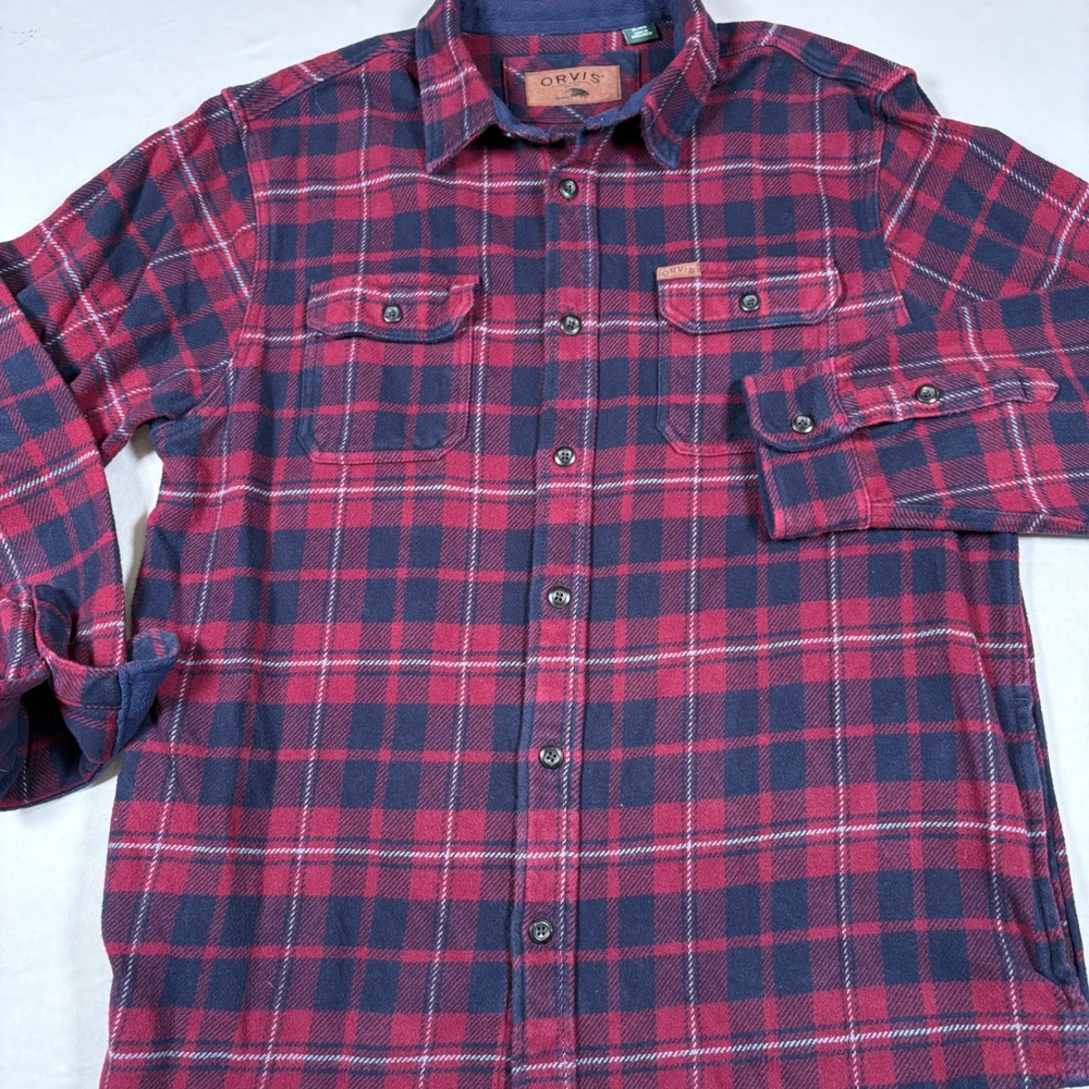 Orvis Fleece Lined Flannel Shirt Jacket Mens XL Plaid Shacket Red Navy Pockets